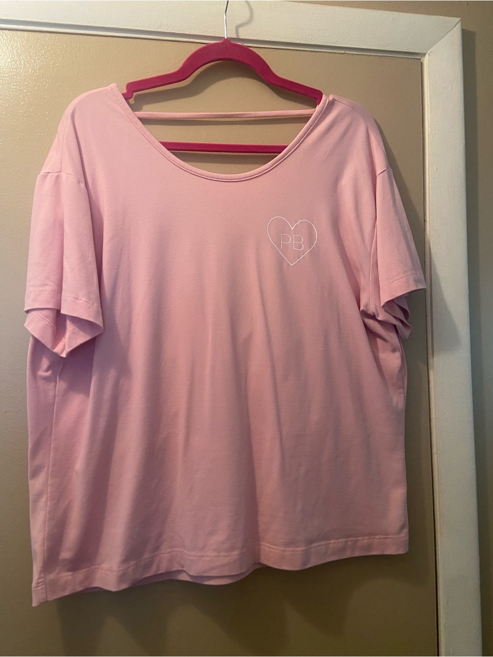 Pure Barre Top Pink with Heart "PB" Logo and an open back!  Large!  EUC!